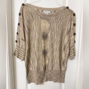 Fashion avenue beige textured goldshimmer knit top button cropped sleeves Size L